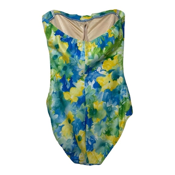 Vtg Floral Strapless One Piece Swim Suit Size 14 L Blue Green Christina 80s 90s - Picture 3 of 8